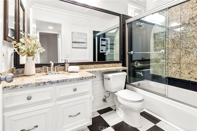 29813 Via Sevilla, Temecula, CA 92591 - bathroom with ornamental molding, vanity, bath / shower combo with glass door, and tile patterned floors