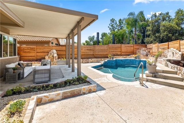 29813 Via Sevilla, Temecula, CA 92591 - view of swimming pool featuring a patio, a fenced backyard, and an outdoor living space
