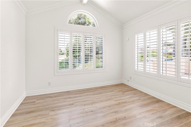 29813 Via Sevilla, Temecula, CA 92591 - unfurnished room with light wood finished floors, ornamental molding, and lofted ceiling