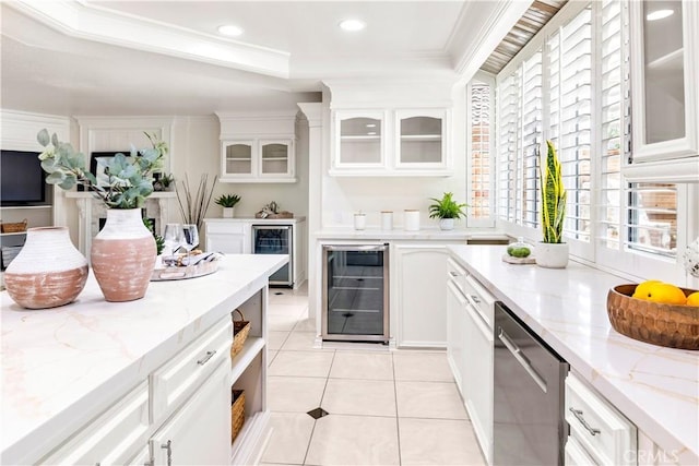 29813 Via Sevilla, Temecula, CA 92591 - kitchen featuring beverage cooler, dishwasher, light tile patterned floors, crown molding, and white cabinetry