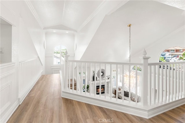 29813 Via Sevilla, Temecula, CA 92591 - hallway with lofted ceiling, an upstairs landing, wood finished floors, and a chandelier