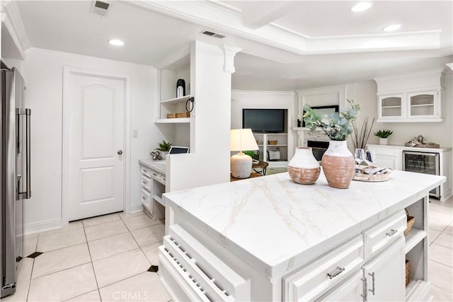 29813 Via Sevilla, Temecula, CA 92591 - kitchen featuring open shelves, beverage cooler, freestanding refrigerator, white cabinetry, and ornamental molding