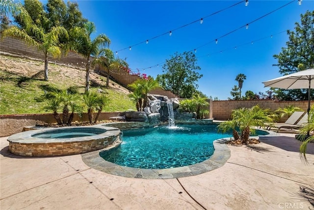 23235 Redbud Ridge Cir, Valencia, CA 91354 - view of swimming pool featuring a fenced backyard, a patio area, and a pool with connected hot tub
