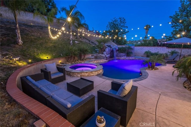 23235 Redbud Ridge Cir, Valencia, CA 91354 - view of pool featuring an outdoor living space, a patio area, a pool with connected hot tub, and a fenced backyard