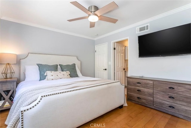 23235 Redbud Ridge Cir, Valencia, CA 91354 - bedroom featuring light wood-style floors, ornamental molding, and ceiling fan