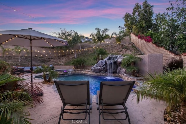 23235 Redbud Ridge Cir, Valencia, CA 91354 - view of swimming pool with a fenced backyard, a patio, and a pool with connected hot tub