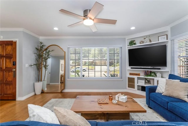 23235 Redbud Ridge Cir, Valencia, CA 91354 - living room featuring wood finished floors, ceiling fan, ornamental molding, and recessed lighting
