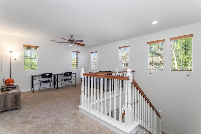 27960 Agapanthus Ln, Valencia, CA 91354 - corridor featuring an upstairs landing, healthy amount of natural light, light carpet, and recessed lighting