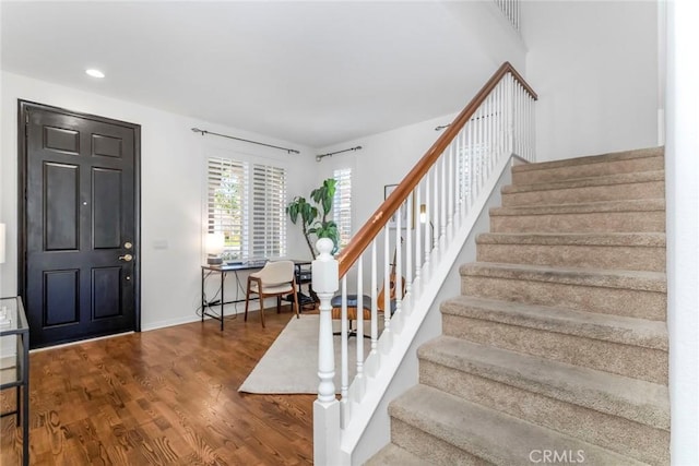 27960 Agapanthus Ln, Valencia, CA 91354 - foyer entrance with stairs, wood finished floors, and recessed lighting