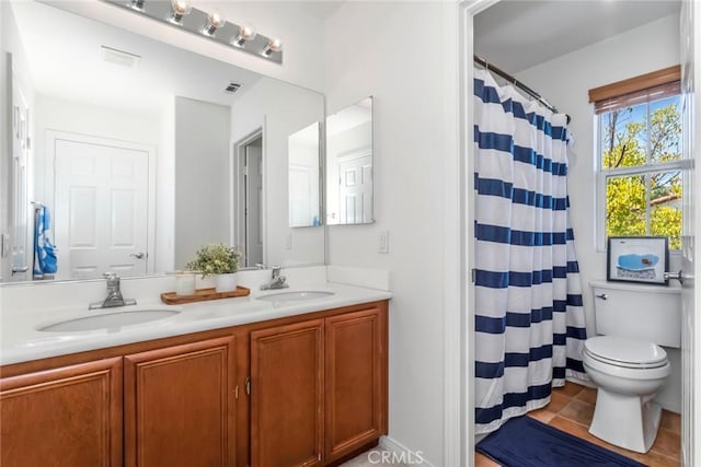27960 Agapanthus Ln, Valencia, CA 91354 - bathroom featuring double vanity, curtained shower, and tile patterned flooring