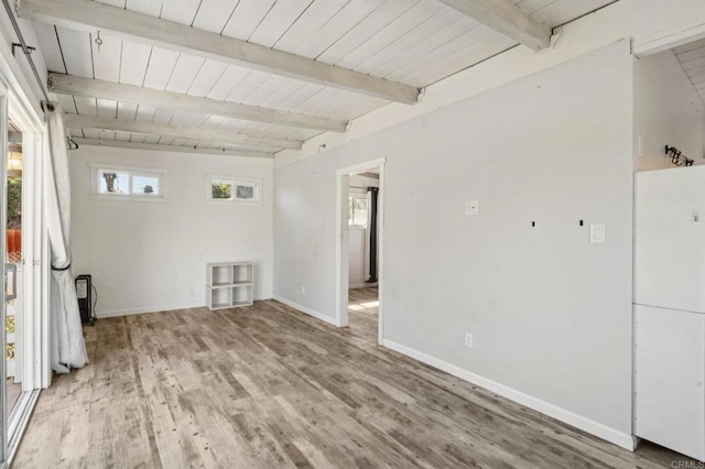 6737 San Miguel Ave, Lemon Grove, CA 91945 - empty room with healthy amount of natural light, light wood-type flooring, and a wooden ceiling with exposed beams