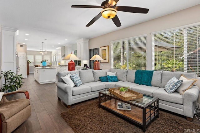 1467 Belmont Park Rd, Oceanside, CA 92057 - living room with dark wood-style flooring, ceiling fan, and recessed lighting