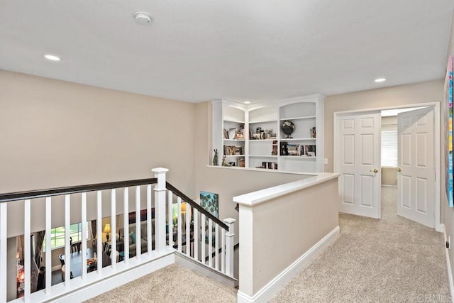 1467 Belmont Park Rd, Oceanside, CA 92057 - hallway featuring an upstairs landing, carpet floors, and recessed lighting