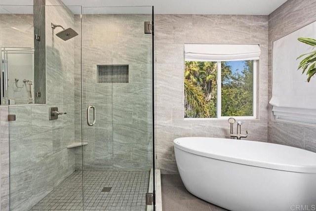 1467 Belmont Park Rd, Oceanside, CA 92057 - bathroom with a soaking tub, a shower stall, and tile walls