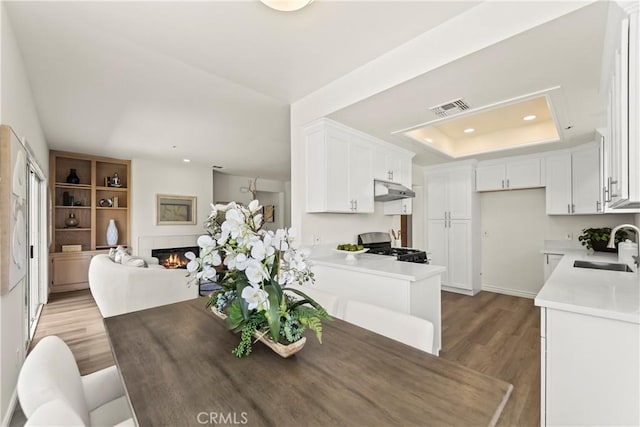 5255 La Madera Ave, El Monte, CA 91732 - dining area with light wood finished floors, a tiled fireplace, a raised ceiling, and recessed lighting