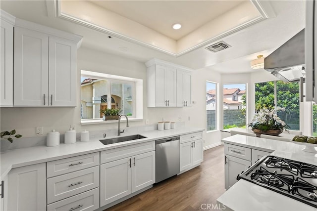 5255 La Madera Ave, El Monte, CA 91732 - kitchen with stainless steel dishwasher, a raised ceiling, white cabinets, light countertops, and recessed lighting