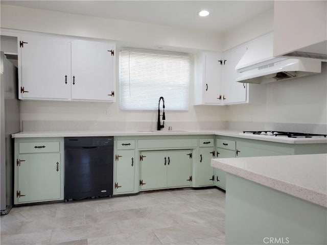 17623 Clymer St, Granada Hills, CA 91344 - kitchen featuring black dishwasher, white stovetop, green cabinetry, and light countertops