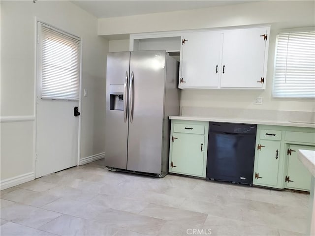 17623 Clymer St, Granada Hills, CA 91344 - kitchen featuring stainless steel fridge with ice dispenser, dishwasher, light countertops, green cabinetry, and white cabinetry