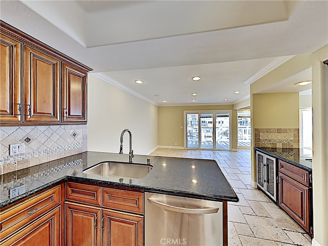 2030 Kingsbridge Way, Oxnard, CA 93035 - kitchen featuring dishwasher, beverage cooler, crown molding, dark stone countertops, and tasteful backsplash