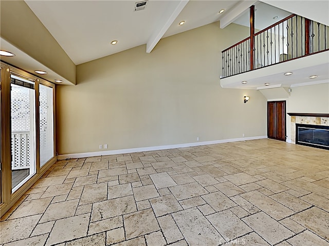 2030 Kingsbridge Way, Oxnard, CA 93035 - unfurnished living room featuring stone tile floors, beam ceiling, high vaulted ceiling, recessed lighting, and a tile fireplace