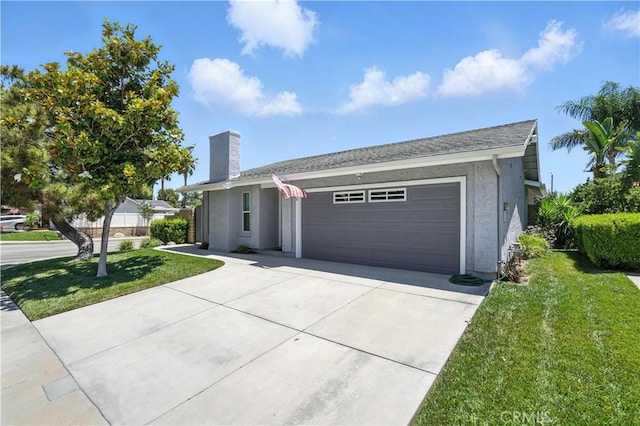25796 Olivas Park Rd, Valencia, CA 91355 - ranch-style house with driveway, a garage, a front lawn, stucco siding, and a chimney