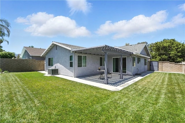 25796 Olivas Park Rd, Valencia, CA 91355 - back of house with a pergola, a fenced backyard, stucco siding, and a patio