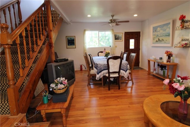 20512 Berendo Ave, Torrance, CA 90502 - dining room featuring light wood-style floors, stairway, recessed lighting, and ceiling fan