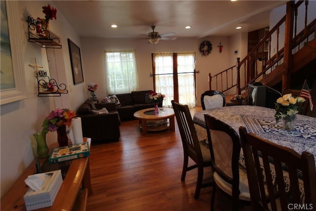 20512 Berendo Ave, Torrance, CA 90502 - dining space featuring stairs, wood finished floors, recessed lighting, and ceiling fan