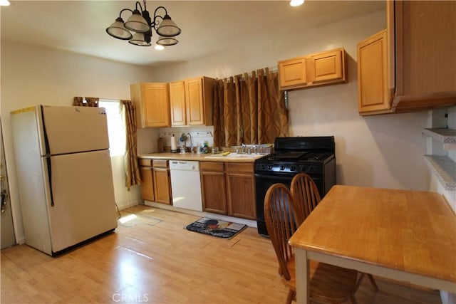 20512 Berendo Ave, Torrance, CA 90502 - kitchen featuring white appliances, a chandelier, light wood-type flooring, recessed lighting, and light countertops