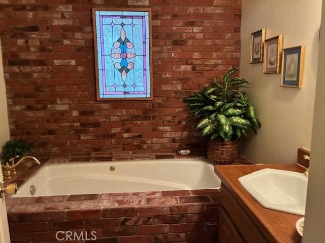 32079 Fern Dr, Running Springs, CA 92382 - full bathroom with vanity and brick wall