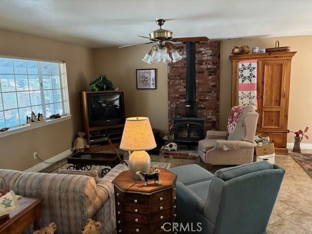 32079 Fern Dr, Running Springs, CA 92382 - living room featuring ceiling fan and a wood stove
