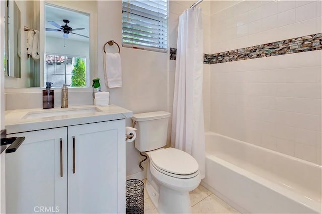 48692 Pear St, Indio, CA 92201 - full bathroom featuring ceiling fan, vanity, shower / bathtub combination with curtain, and tile patterned floors