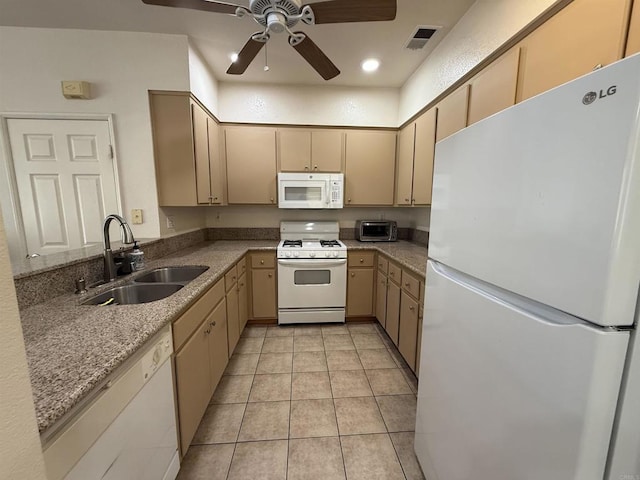 1111 Magellan Way, Chula Vista, CA 91910 - kitchen with white appliances, ceiling fan, light tile patterned flooring, and light stone countertops