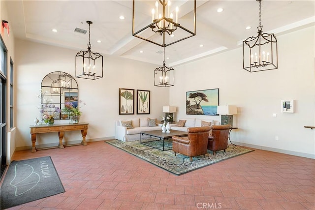 627 Deep Valley Dr Unit 410, Rolling Hills Estates, CA 90274 - living area featuring a chandelier, a high ceiling, recessed lighting, and beamed ceiling