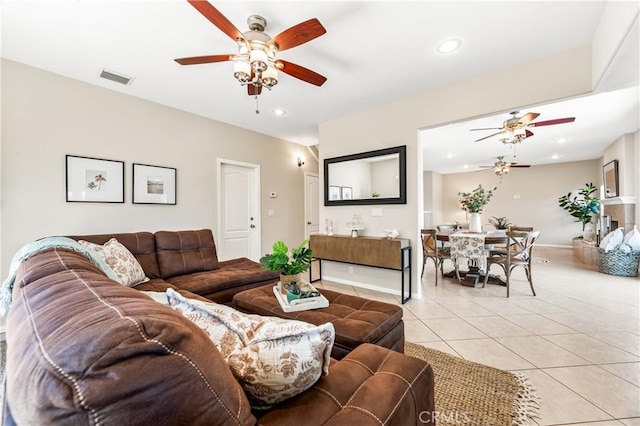 18202 Foss Ln, Huntington Beach, CA 92648 - living room with a ceiling fan, light tile patterned flooring, and recessed lighting