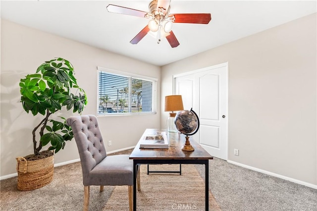 18202 Foss Ln, Huntington Beach, CA 92648 - carpeted home office featuring baseboards and ceiling fan