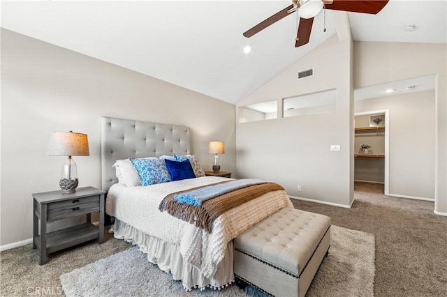 18202 Foss Ln, Huntington Beach, CA 92648 - bedroom with carpet, high vaulted ceiling, a ceiling fan, a walk in closet, and beam ceiling