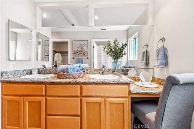 18202 Foss Ln, Huntington Beach, CA 92648 - bathroom with double vanity and beamed ceiling