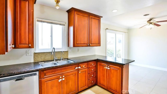 7360 Thunderbird Ln, Stanton, CA 90680 - kitchen featuring dishwasher, plenty of natural light, ceiling fan, a peninsula, and ornamental molding