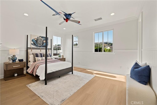20100 Livorno Ln, Yorba Linda, CA 92886 - bedroom with wainscoting, wood finished floors, crown molding, recessed lighting, and a ceiling fan