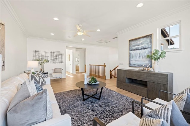 20100 Livorno Ln, Yorba Linda, CA 92886 - living room featuring wood finished floors, recessed lighting, ornamental molding, and ceiling fan