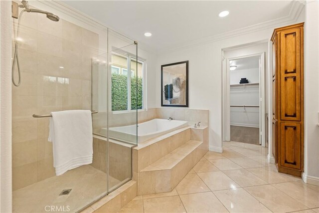 20100 Livorno Ln, Yorba Linda, CA 92886 - full bathroom with a stall shower, a garden tub, ornamental molding, a spacious closet, and tile patterned floors
