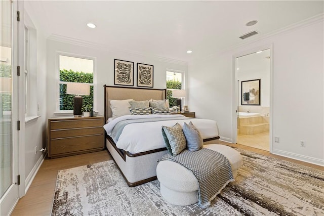20100 Livorno Ln, Yorba Linda, CA 92886 - bedroom featuring crown molding, recessed lighting, light wood-style floors, and connected bathroom