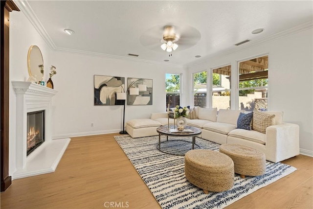 20100 Livorno Ln, Yorba Linda, CA 92886 - living area with a ceiling fan, light wood finished floors, ornamental molding, and a glass covered fireplace