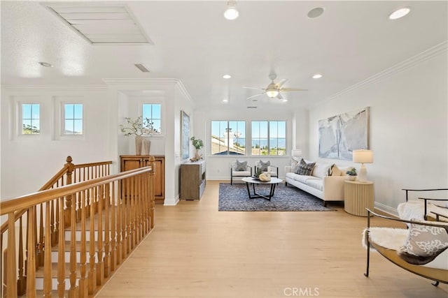 20100 Livorno Ln, Yorba Linda, CA 92886 - living room featuring light wood-style flooring, healthy amount of natural light, recessed lighting, crown molding, and a ceiling fan