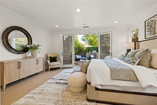 20100 Livorno Ln, Yorba Linda, CA 92886 - bedroom featuring access to exterior, light wood-style floors, recessed lighting, and ornamental molding