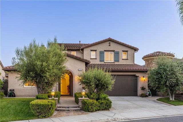 20100 Livorno Ln, Yorba Linda, CA 92886 - mediterranean / spanish house featuring driveway, a garage, a tile roof, stucco siding, and a front lawn