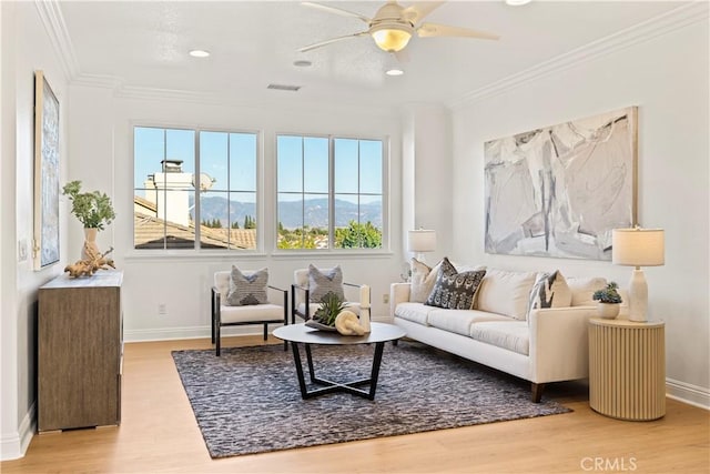20100 Livorno Ln, Yorba Linda, CA 92886 - living area featuring wood finished floors, crown molding, ceiling fan, and recessed lighting