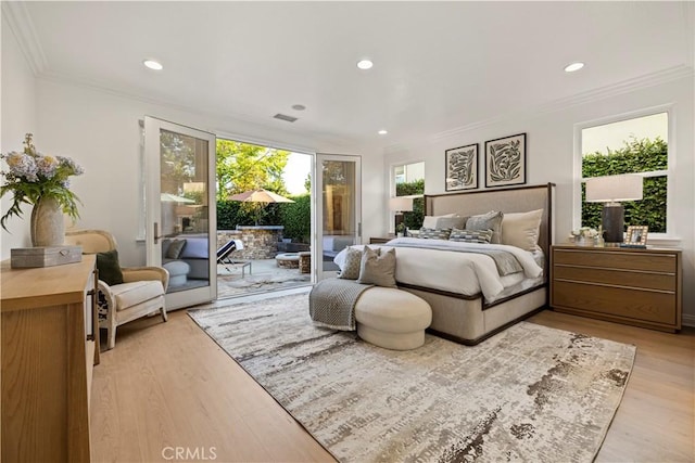 20100 Livorno Ln, Yorba Linda, CA 92886 - bedroom featuring access to exterior, light wood finished floors, ornamental molding, and recessed lighting