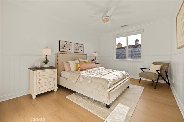 20100 Livorno Ln, Yorba Linda, CA 92886 - bedroom featuring light wood-style flooring, wainscoting, crown molding, and ceiling fan